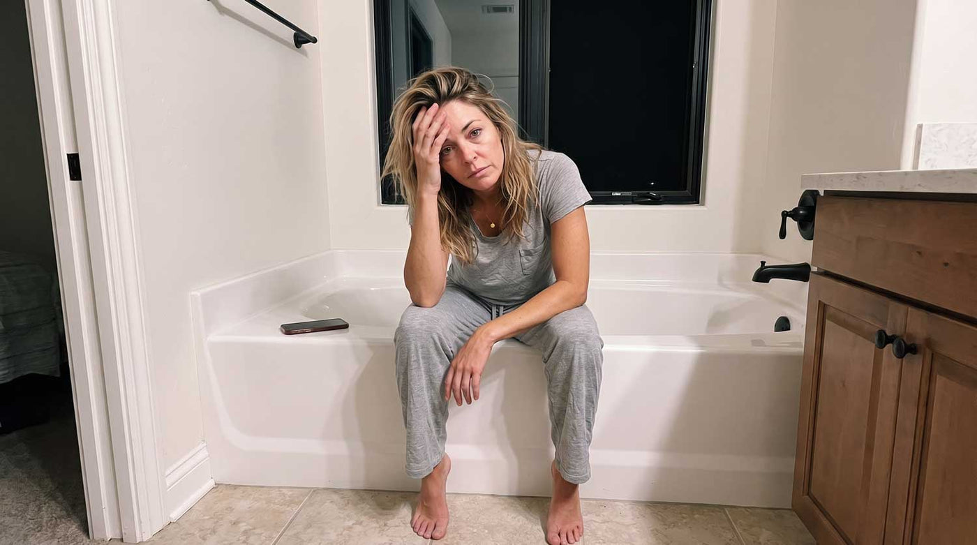 Woman sitting on the edge of a bathtub early in the morning, head in her hands