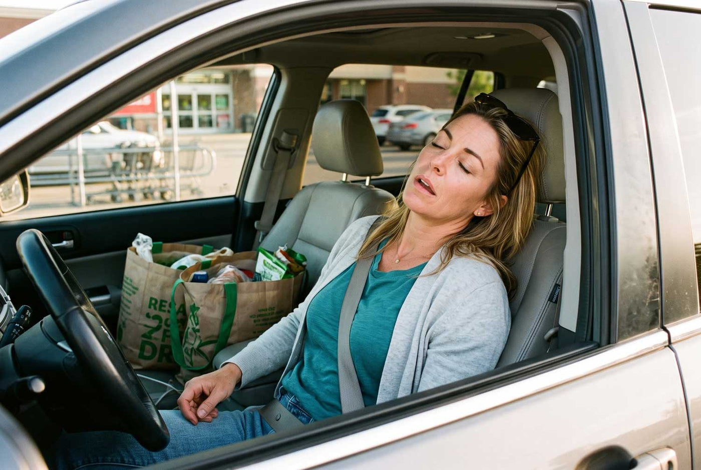 Woman asleep in the driver's seat of her parked car outside a grocery store on a sunny afternoon
