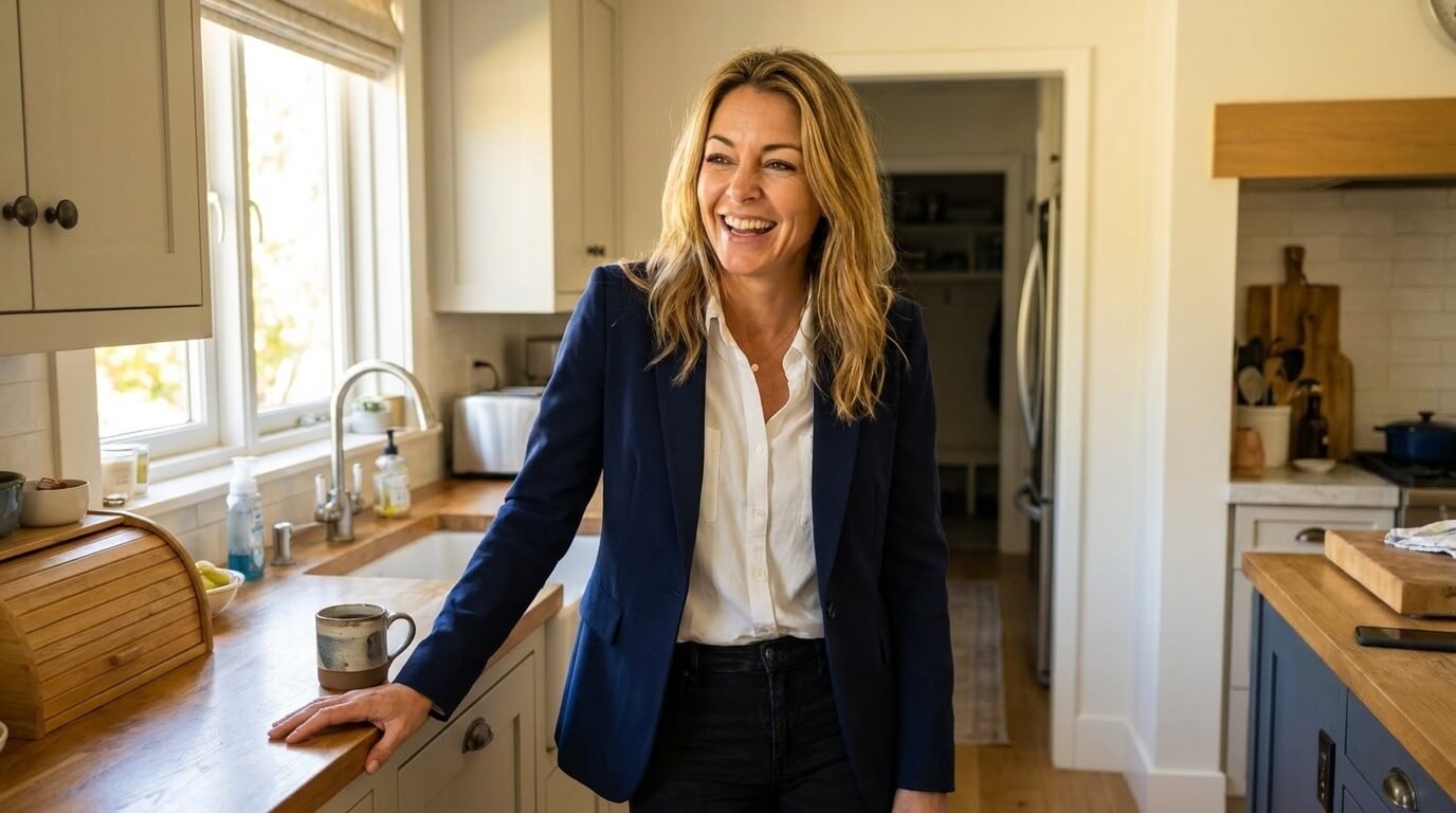 IMAGE 10 — Bookend shot. Same woman, same kitchen, glass of Lenia lemonade in hand, relaxed.
