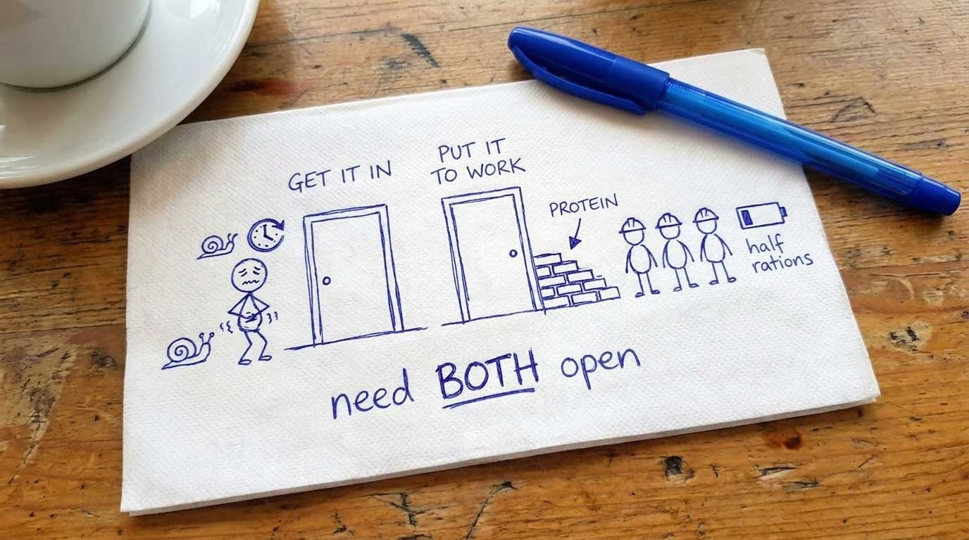 Napkin diagram with two doors, get it in and put it to work, a queasy figure with a slowed stomach, protein bricks, an unlabelled crew and a drained battery, captioned need both open
