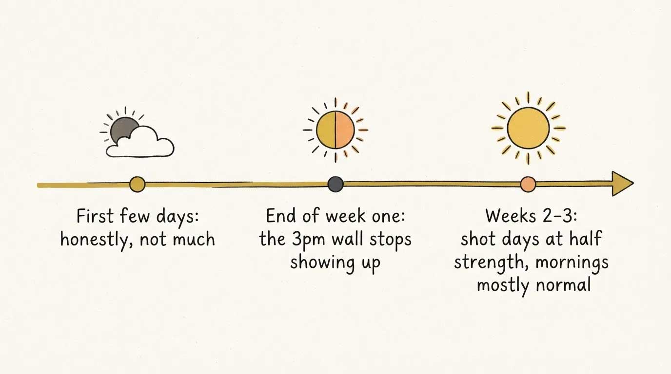Hand-drawn week one to week four timeline: day one nothing, days three to four steadier afternoons, week two the day-after crash halved, week three no more naps