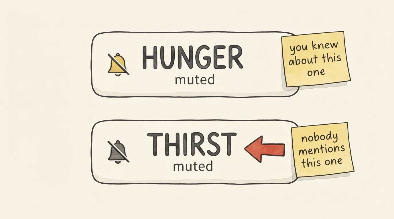 Two-panel diagram: a normal body sending hunger and thirst signals, versus a GLP-1 body with both appetite and thirst signals turned down
