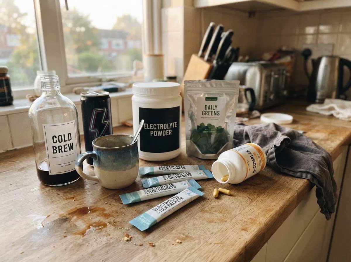Kitchen counter in morning light crowded with coffee pods, electrolyte sachets, vitamin bottles, an energy drink can and a pouch of green gummies