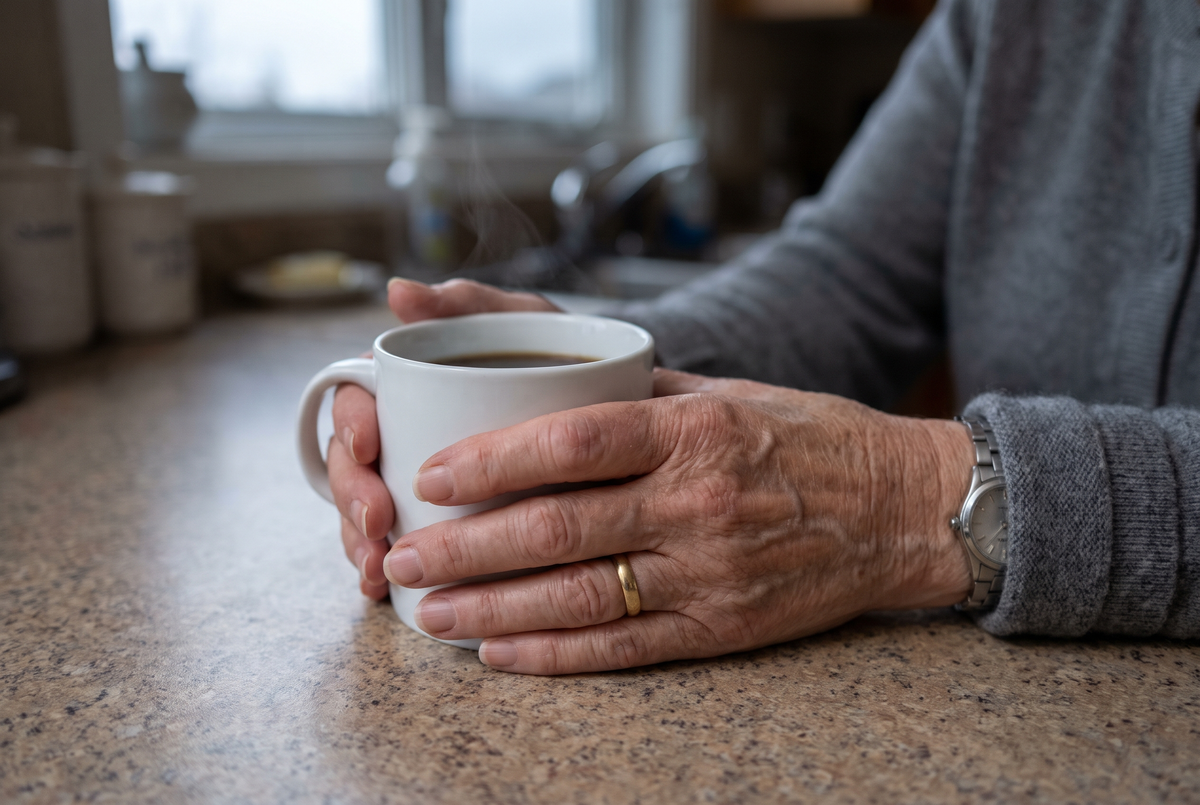 Two hands wrapped around a warm mug, grey dawn light.