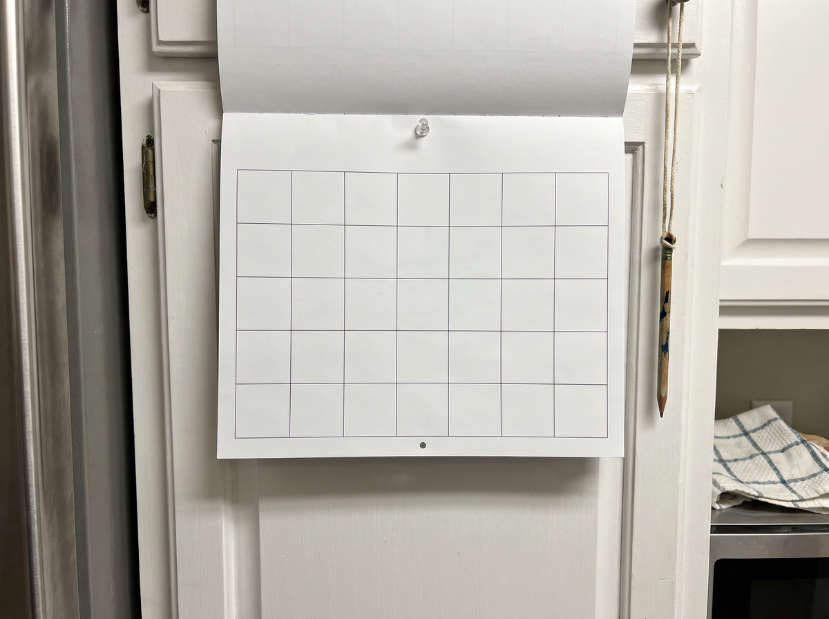 The kitchen calendar, one pencilled word in most squares.