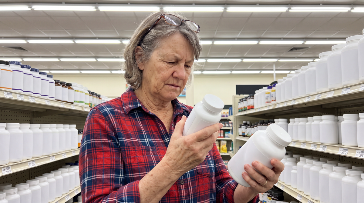 In the supplement aisle with a bottle in each hand, reading the backs.