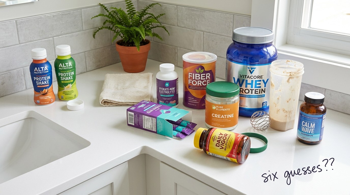 Kitchen counter crowded with protein shake bottles, a protein tub, creatine, fiber, electrolyte sticks, a multivitamin and magnesium, with a note reading six guesses