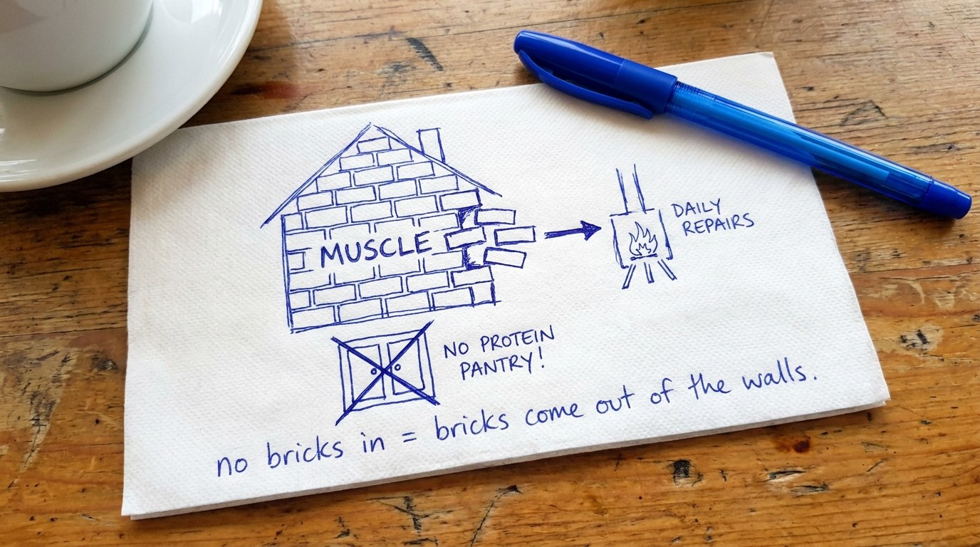 Napkin drawing of a brick house labelled muscle with bricks pulled out and the words no protein pantry