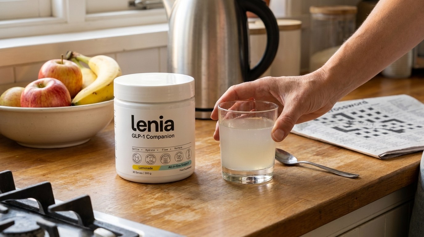 Lenia tub beside a part-finished glass of cloudy lemonade on a kitchen counter, spoon resting alongside