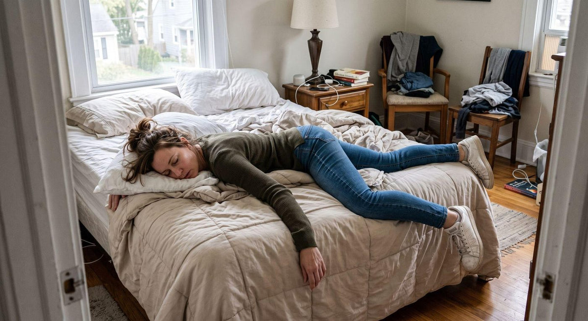 Woman lying face-down across a bed, still dressed, in the middle of the day.