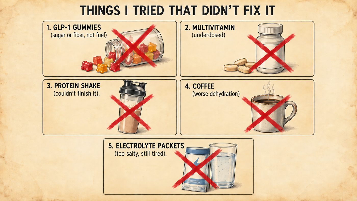 Illustrated chart titled Things I Tried That Didn't Fix It, showing GLP-1 gummies, a multivitamin, a protein shake, coffee and electrolyte packets each crossed out.