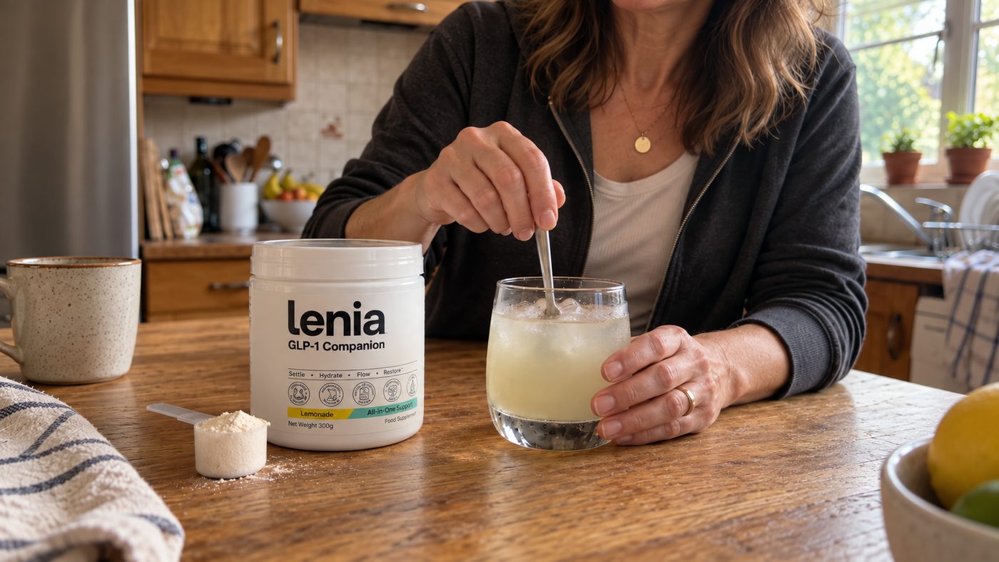 Woman at a kitchen counter stirring a glass of Lenia lemonade next to the Lenia tub and scoop.