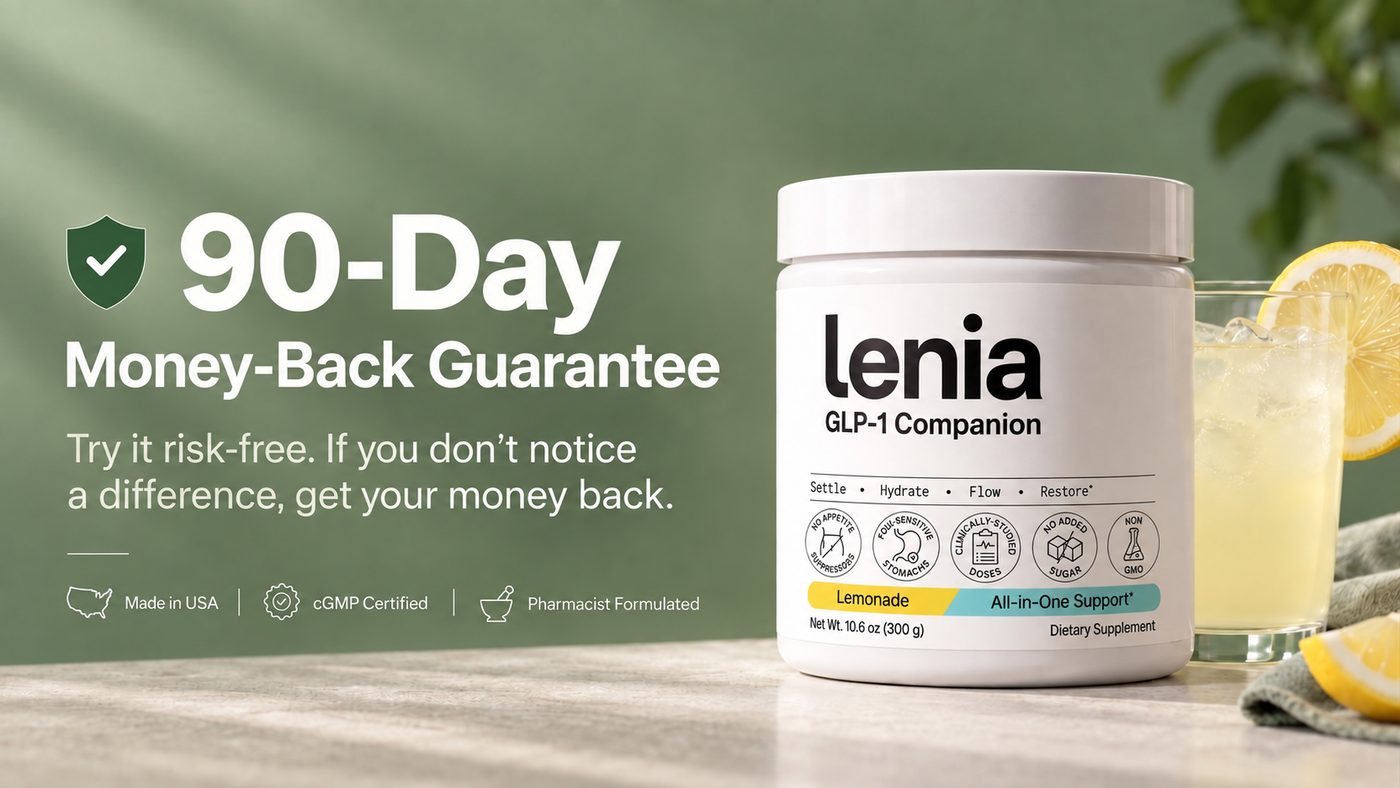 Lenia 90-Day Money-Back Guarantee banner: try it risk-free, if you don't notice a difference, get your money back. Made in USA, cGMP Certified, Pharmacist Formulated.