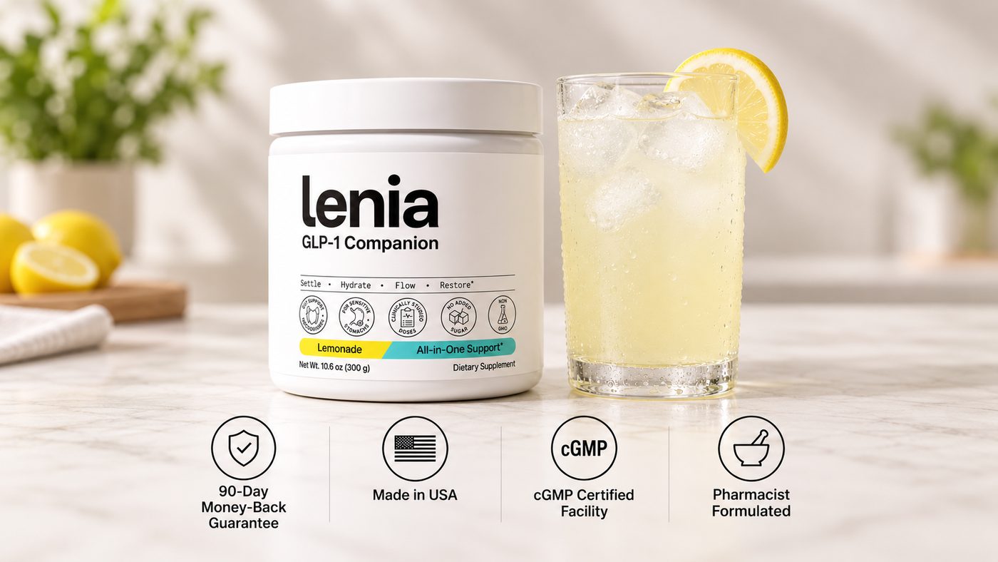 The Lenia tub beside a tall glass of lemonade with a lemon wedge, above badges for the 90-Day Money-Back Guarantee, Made in USA, cGMP Certified Facility and Pharmacist Formulated.
