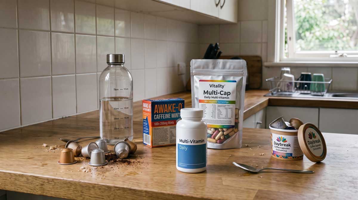 Kitchen bench with coffee pods, a water bottle, a vitamin pouch and a box of caffeine tablets