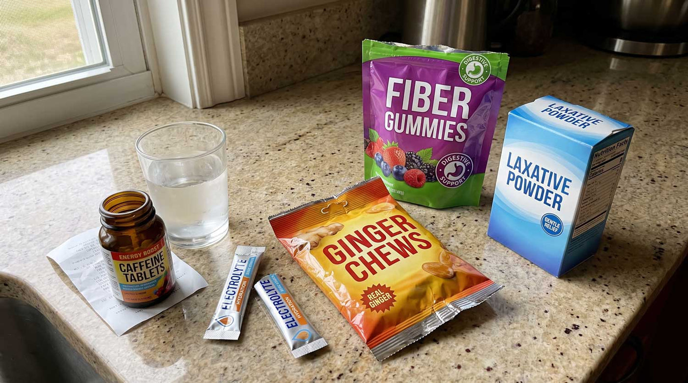 Kitchen counter covered in ginger chews, fiber gummies, caffeine tablets and electrolyte packets