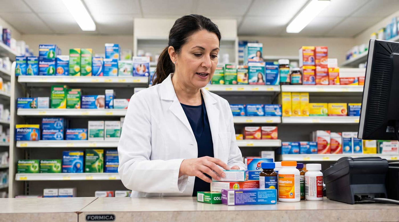 Pharmacist talking to a customer across the pharmacy counter