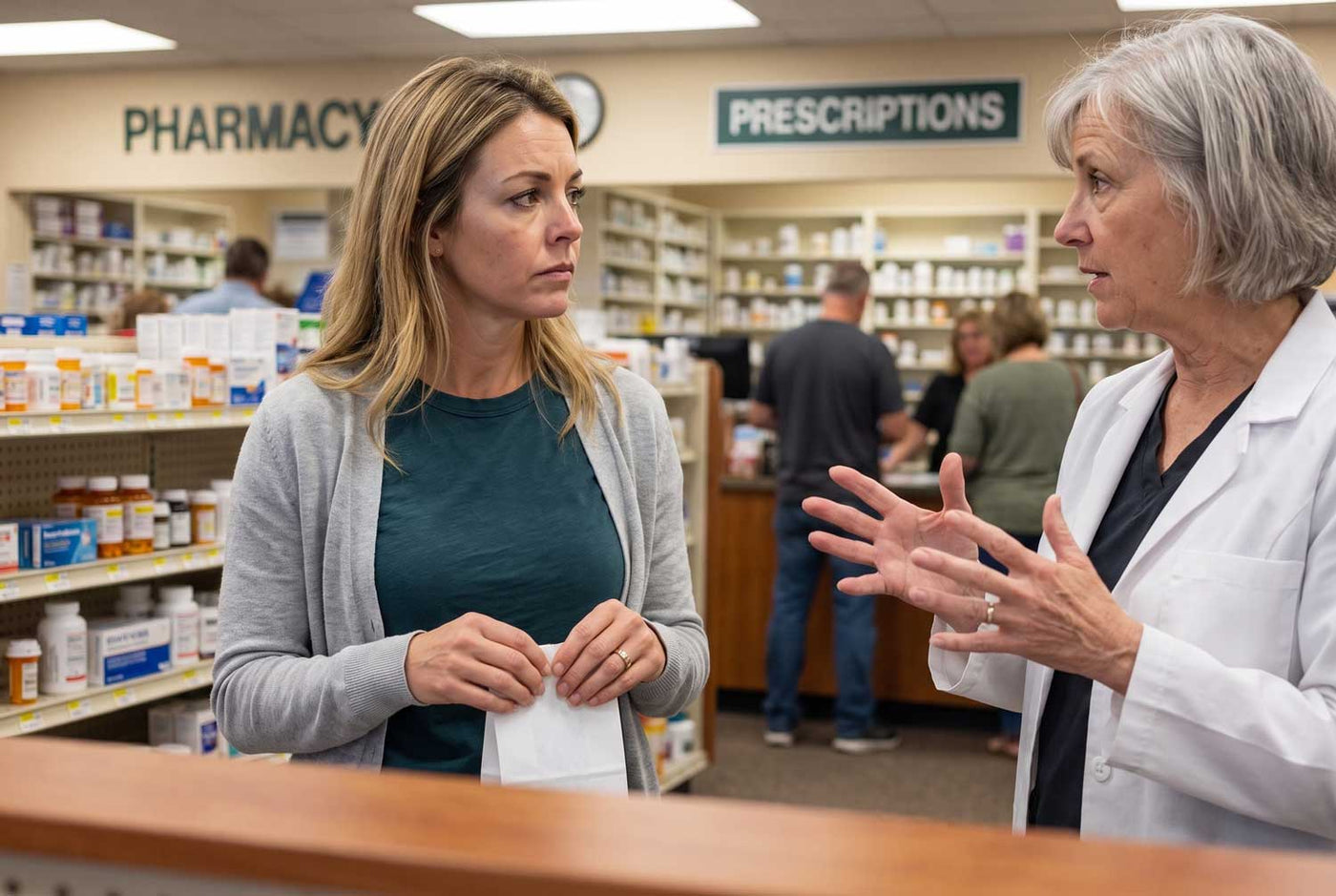 A woman at a pharmacy counter listening as a pharmacist explains something to her