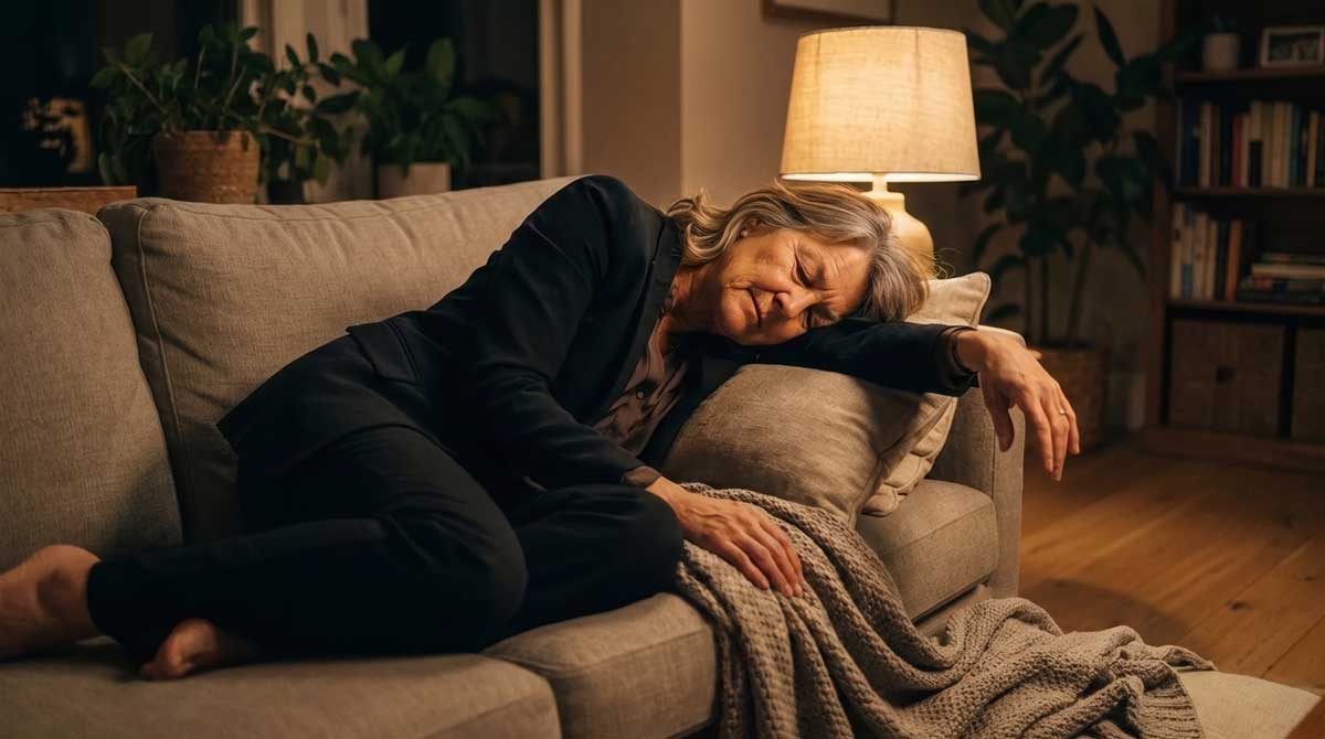 Woman asleep on her sofa in the evening, still dressed, lamp on beside her