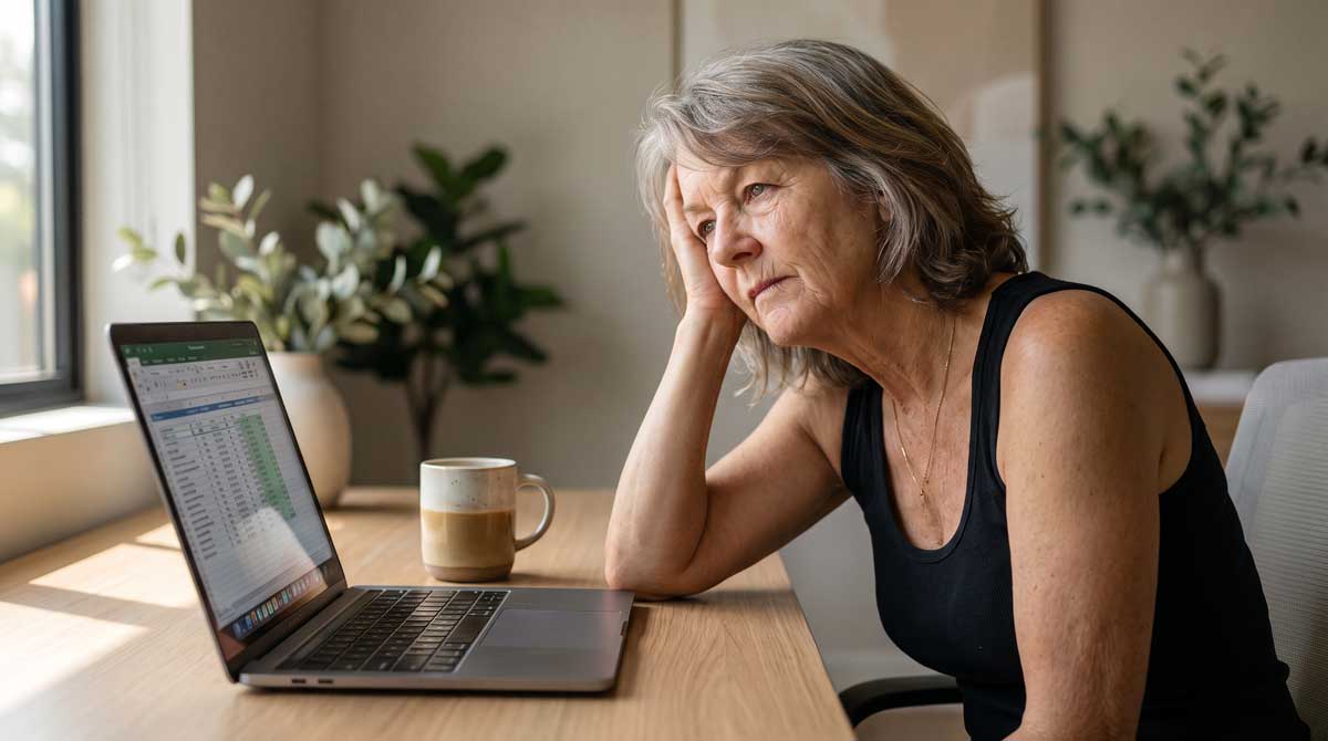 The same woman, exhausted at her desk in the afternoon, laptop open and coffee gone cold