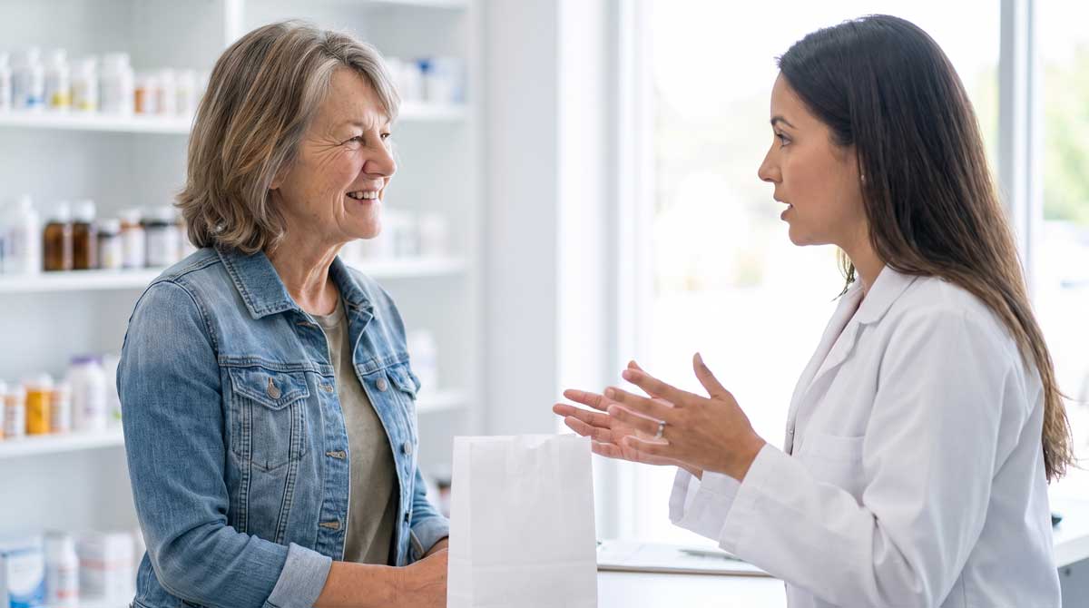 A woman at a pharmacy counter listening as a pharmacist explains something to her
