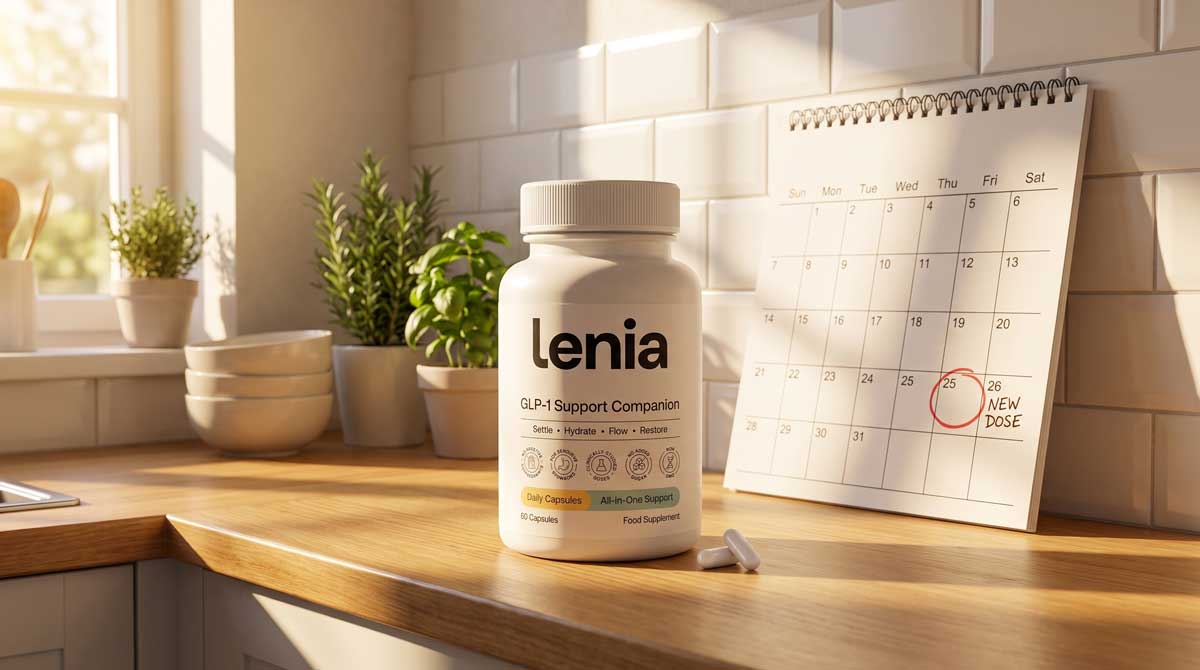 Calendar with the next injection date circled and a note reading new dose, a Lenia tub on the counter beside it