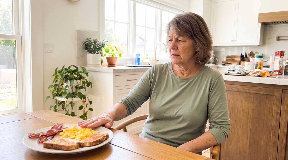Woman at her kitchen table turning away and pushing a plate of food away, feeling nauseated