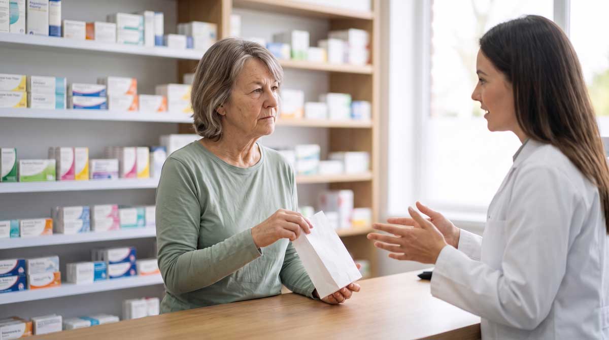 A woman at a pharmacy counter listening as a pharmacist explains something to her