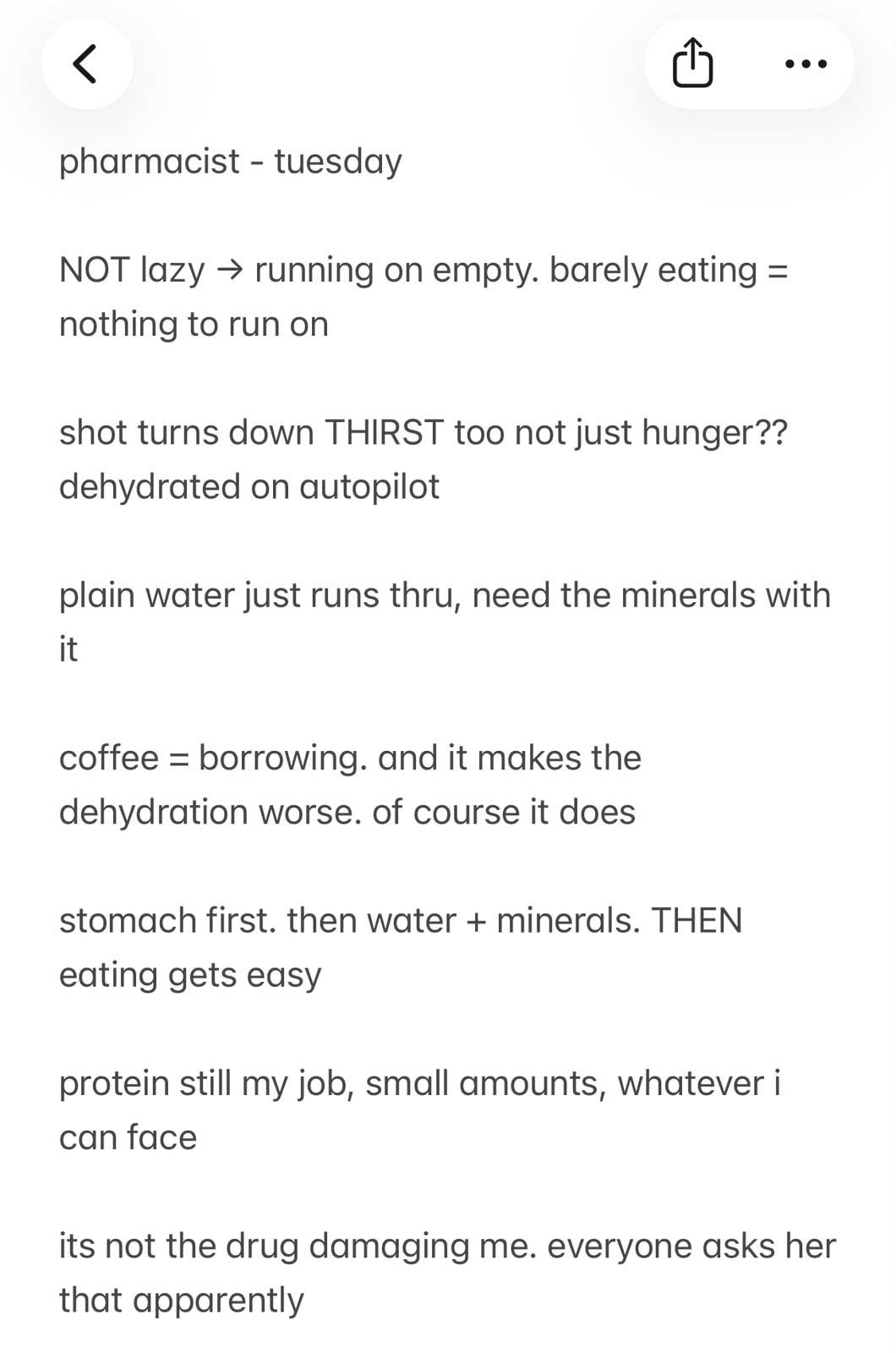 Phone screenshot of a Notes app entry listing the pharmacist's three points, with a typo left in it