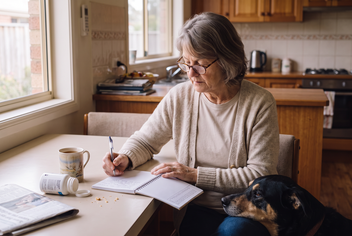 An empty bottle, a cup of tea and a notebook with three lines on the kitchen table.