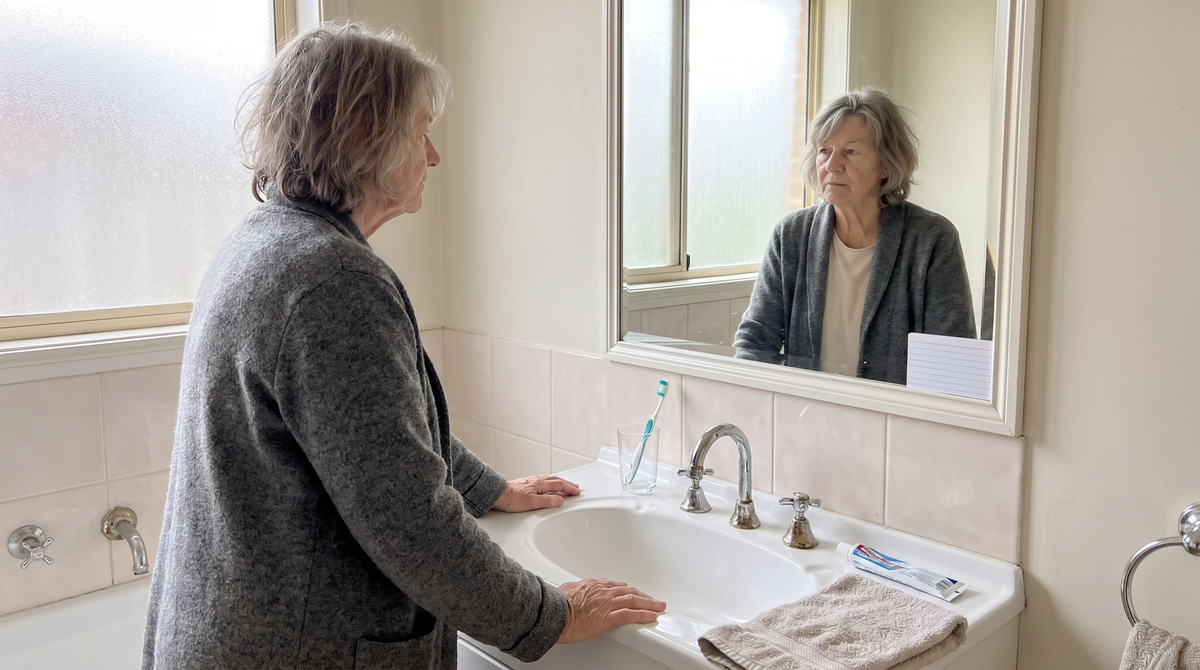 Early morning at the bathroom sink, an index card tucked into the corner of the mirror.