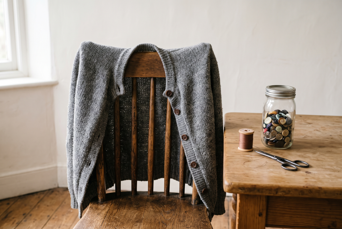The cardigan over the chair, top button undone, the button jar beside it.