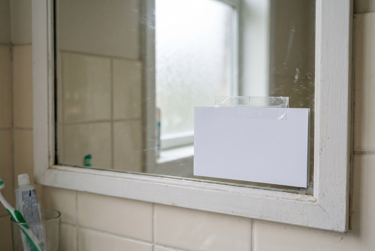 The index card on the bathroom mirror, held with clear tape.