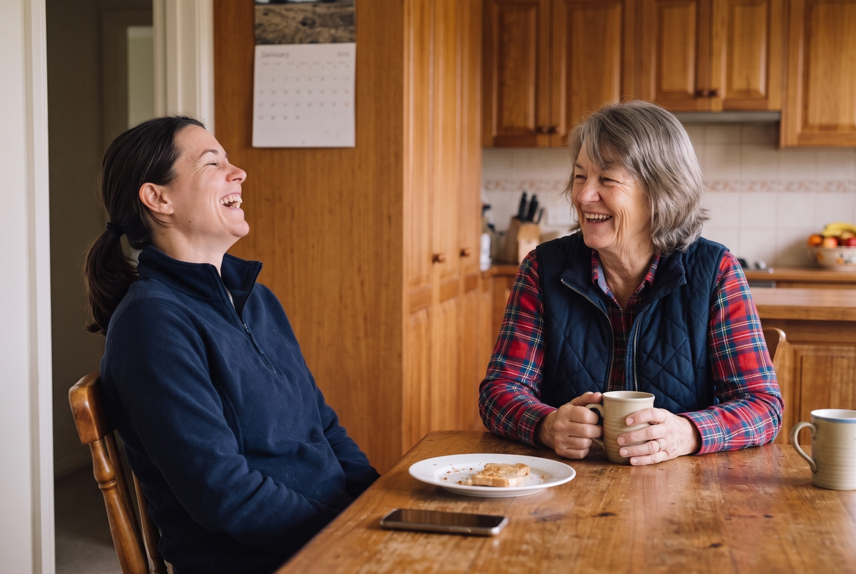Susan and her daughter laughing at the kitchen table.