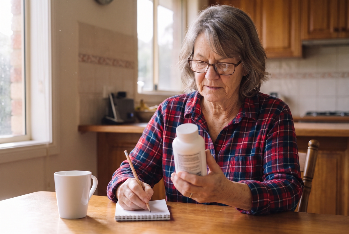 At the kitchen table, bottle turned to its back, writing a line in a notebook.