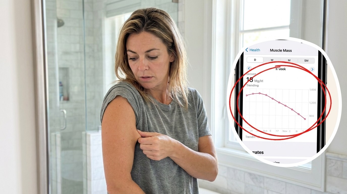 Woman in a bathroom inspecting her upper arm, with an inset phone chart showing muscle mass trending down