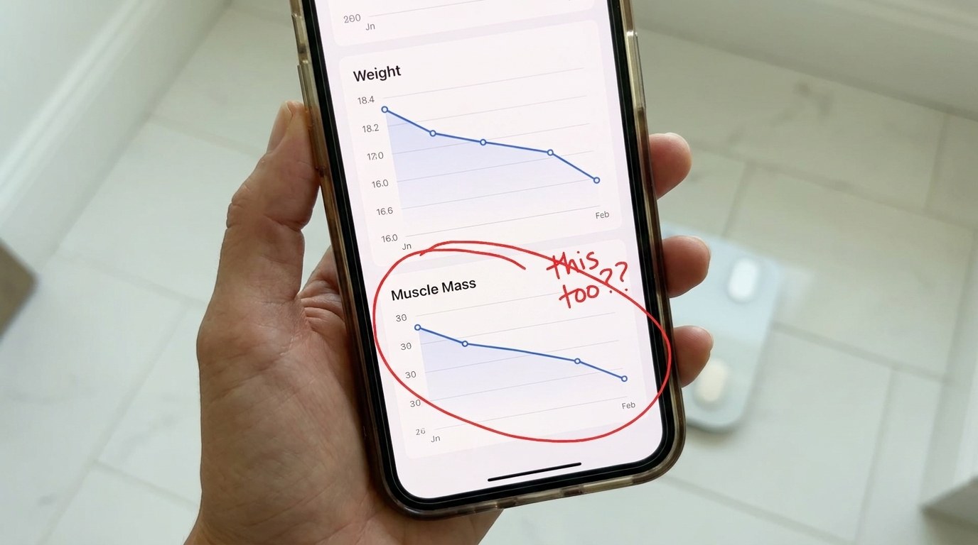 Smart scale app on a phone showing weight falling and the muscle mass line circled in red