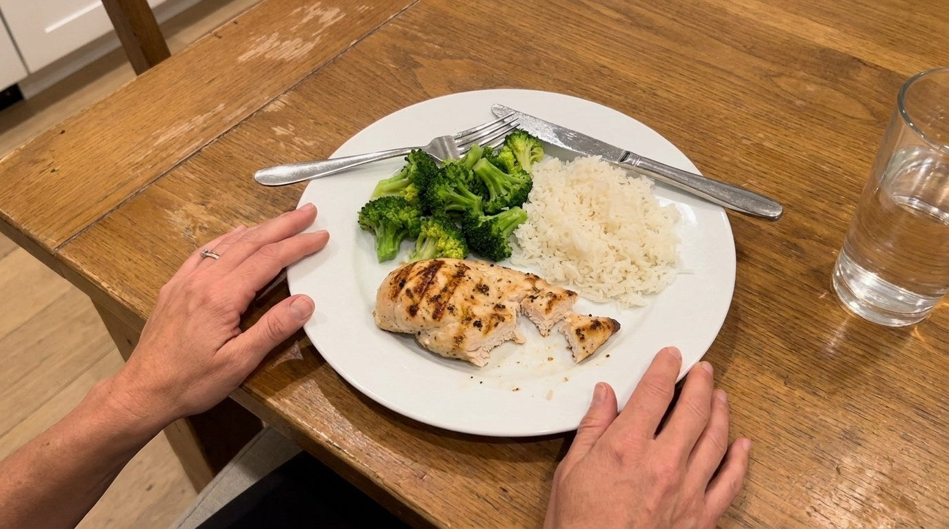 Overhead of a barely touched chicken, broccoli and rice dinner with the cutlery set down