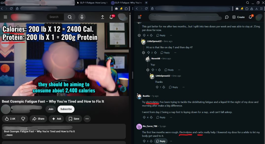 Screenshots of a GLP-1 fatigue video about calorie and protein targets alongside Reddit threads on the same topic.
