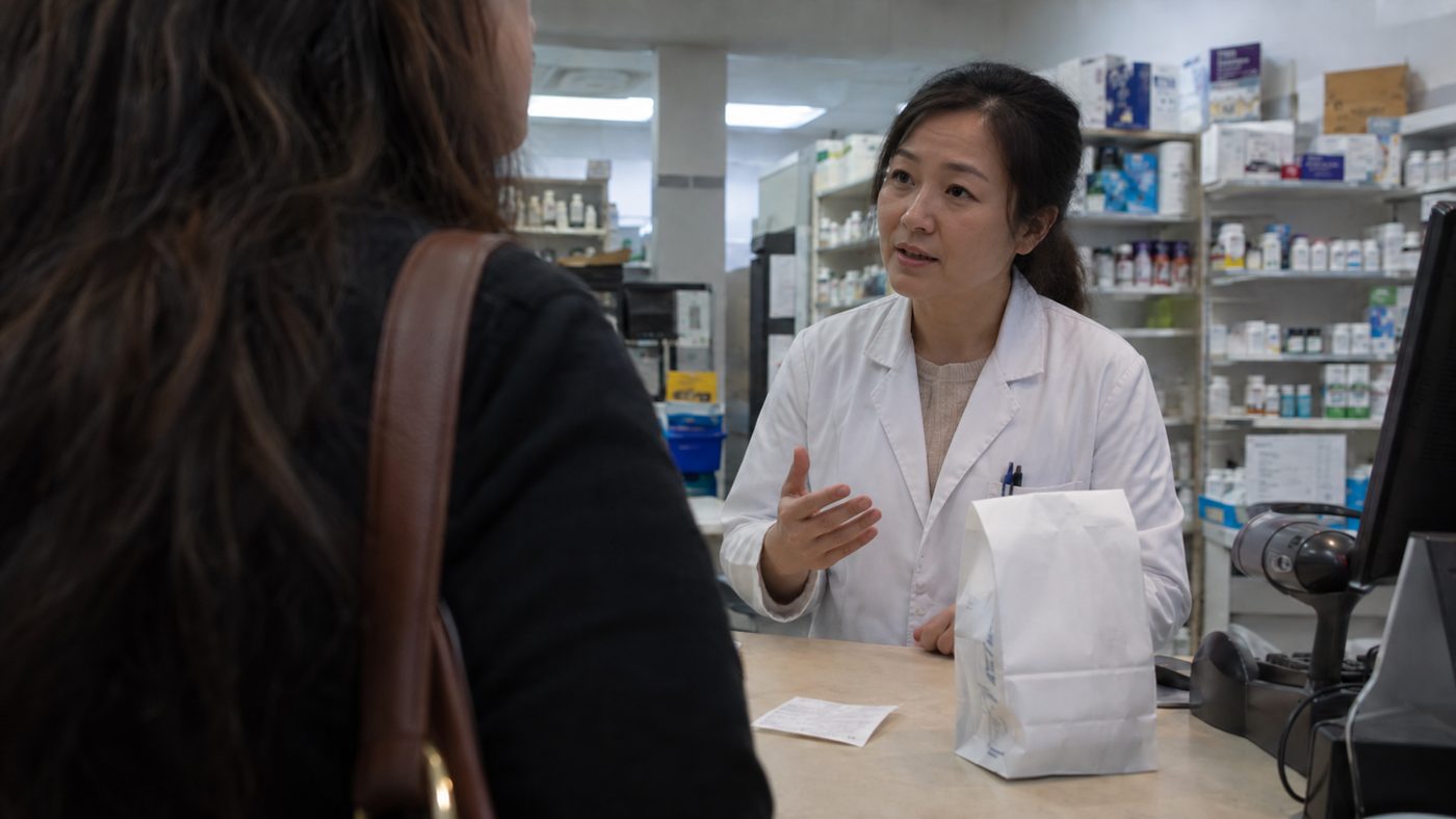 A pharmacist talking with a customer across the pharmacy counter.