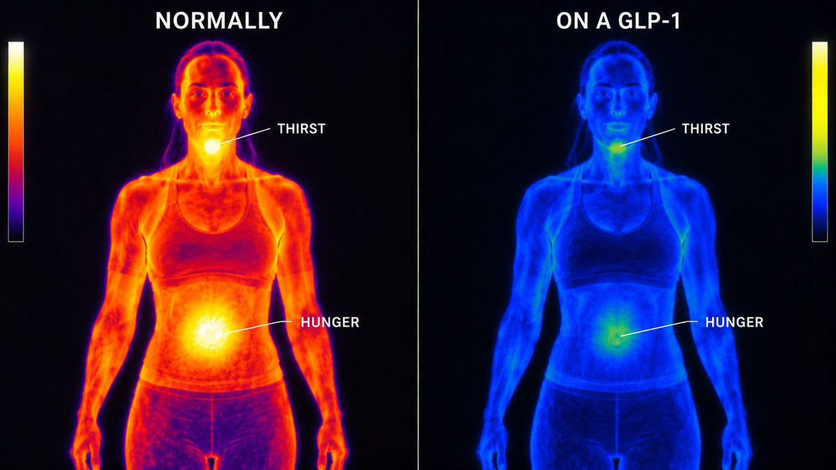 Thermal-style illustration comparing thirst and hunger signals normally versus on a GLP-1.