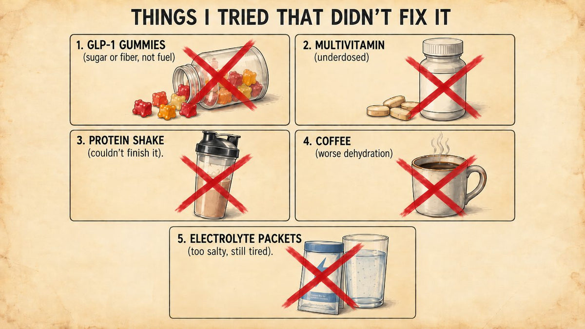 Illustrated chart titled Things I Tried That Didn't Fix It, showing GLP-1 gummies, a multivitamin, a protein shake, coffee and electrolyte packets each crossed out.
