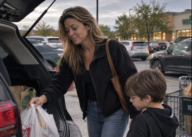 Amber unloading grocery bags from the back of a car with her son beside her.