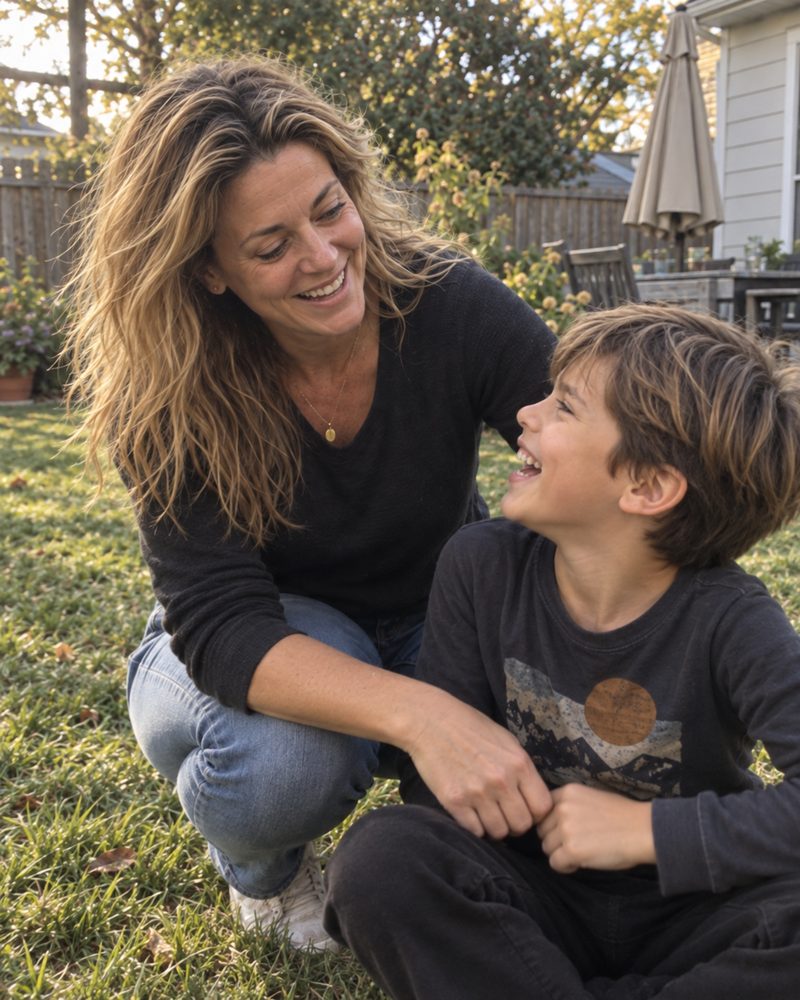 Amber crouched on the grass in the backyard, laughing with her son.