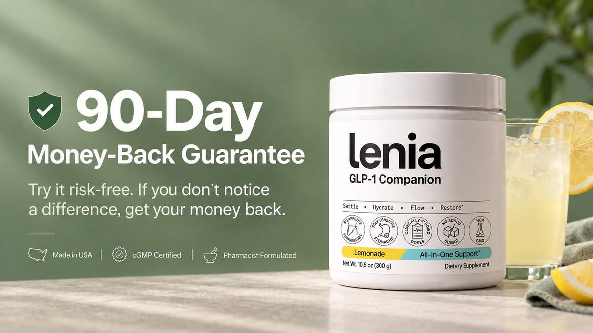 Lenia 90-Day Money-Back Guarantee banner: try it risk-free, if you don't notice a difference, get your money back. Made in USA, cGMP Certified, Pharmacist Formulated.