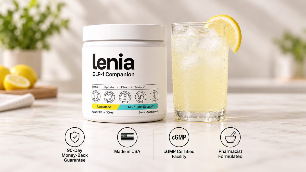 The Lenia tub beside a tall glass of lemonade with a lemon wedge, above badges for the 90-Day Money-Back Guarantee, Made in USA, cGMP Certified Facility and Pharmacist Formulated.