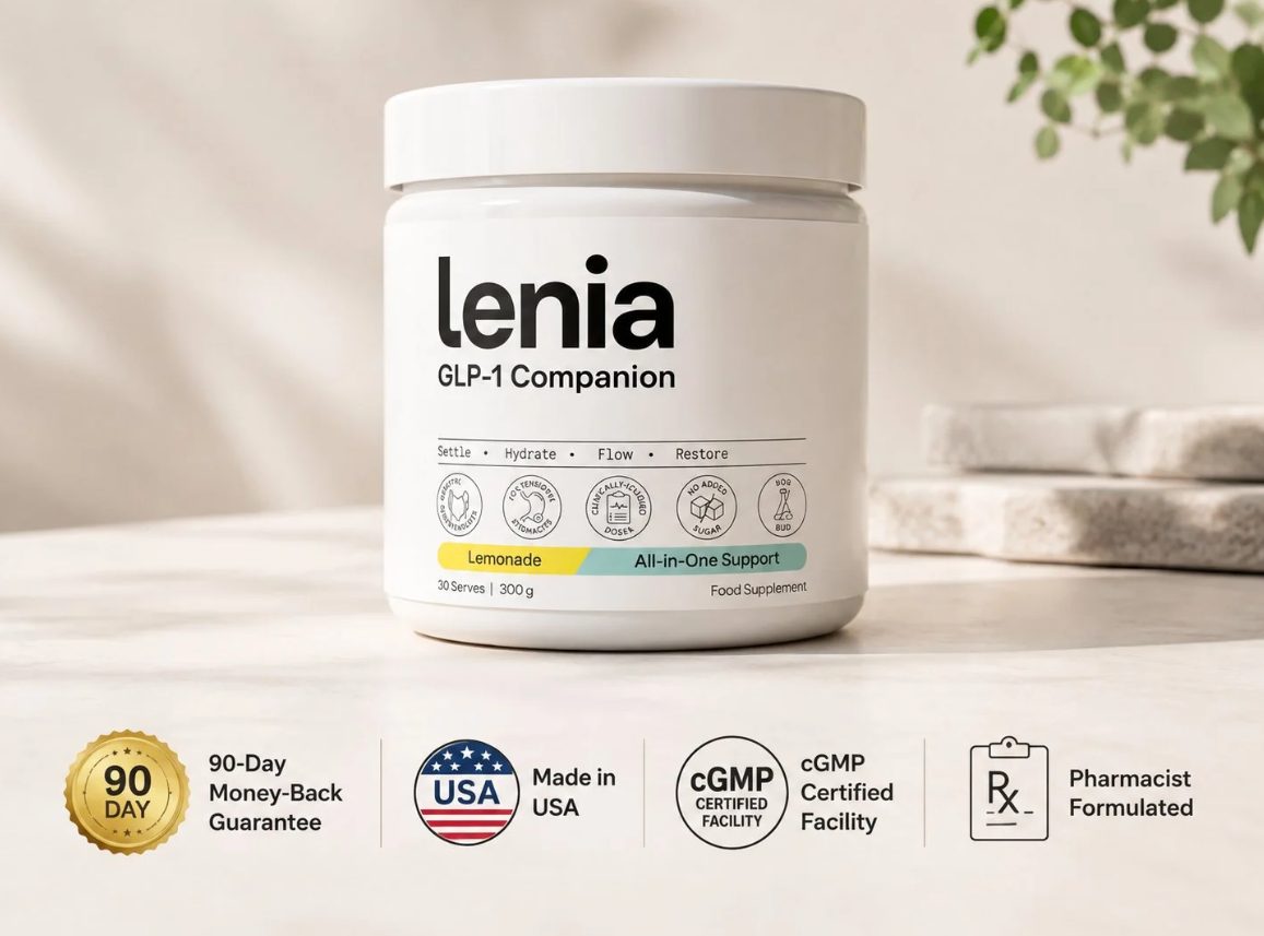 The Lenia GLP-1 Companion tub on a light surface above badges for the 90-Day Money-Back Guarantee, Made in USA, cGMP Certified Facility and Pharmacist Formulated.