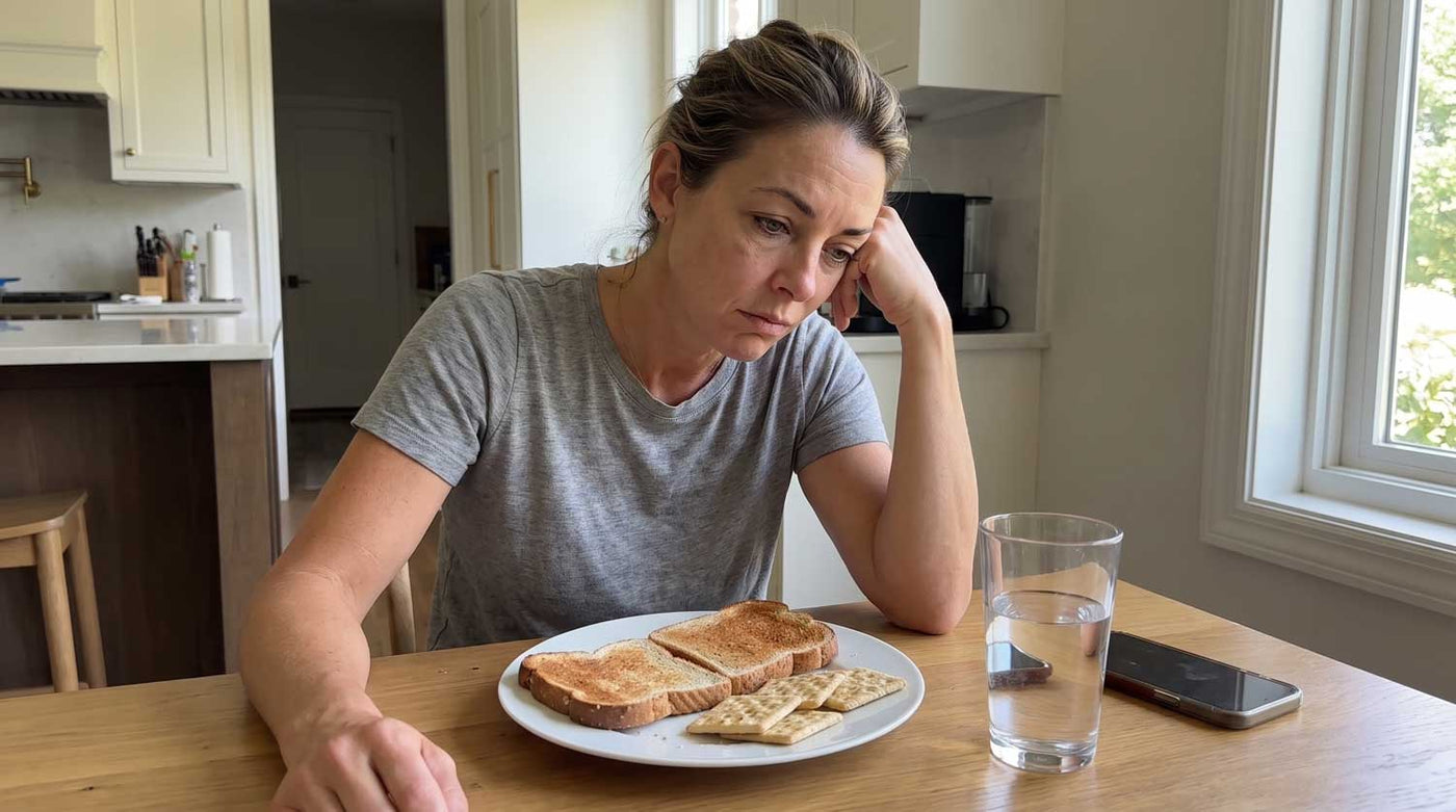 Woman lying on the couch mid-morning looking drained and queasy